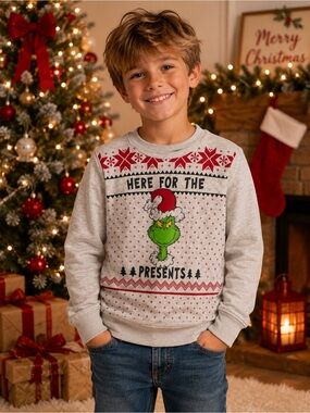 🎄Kids Here for the Presents Grinch Christmas Sweatshirt - Light Gray🎄